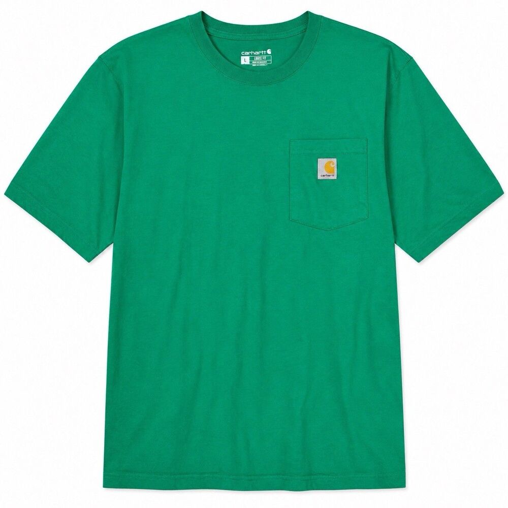 Carhartt K87 Mens Large Green Loose Fit Pocket T Shirt Workwear Cotton Logo Tee